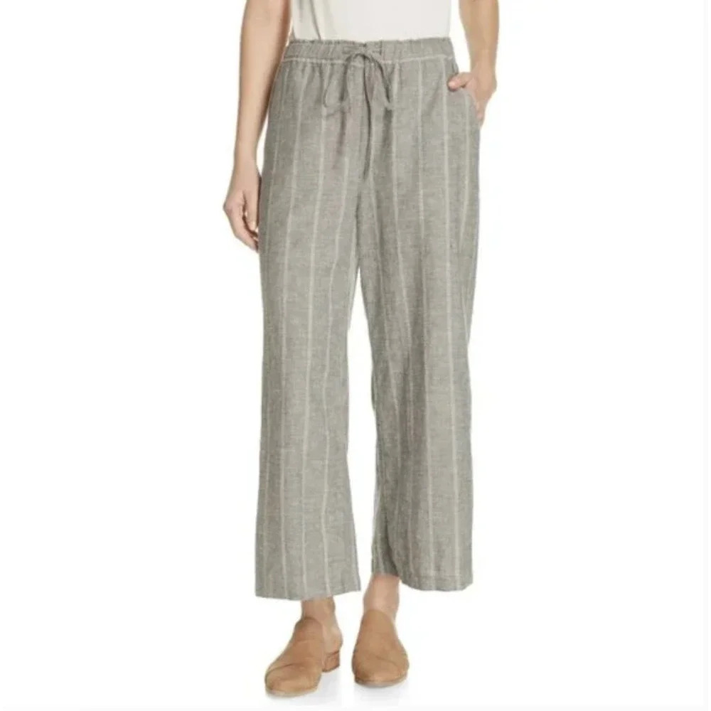 Eileen Fisher Organic Cotton‎ Hemp Wide Leg Cropped Drawstring Pants Size Large